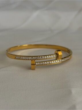 Gold-Tone Rhinestone Nail Bangle Bracelet Hinged Cuff - New with Defects